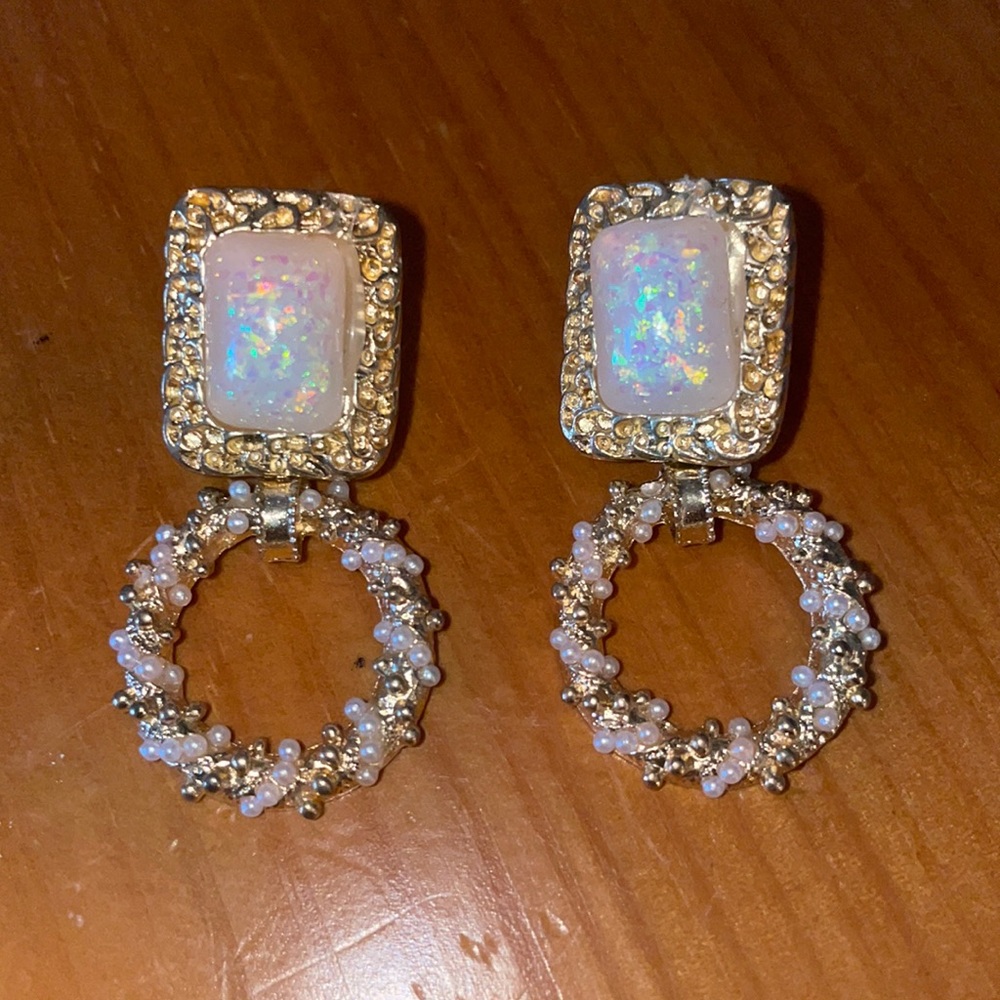 Pearl Tone, Gold Hoop Statement Earrings